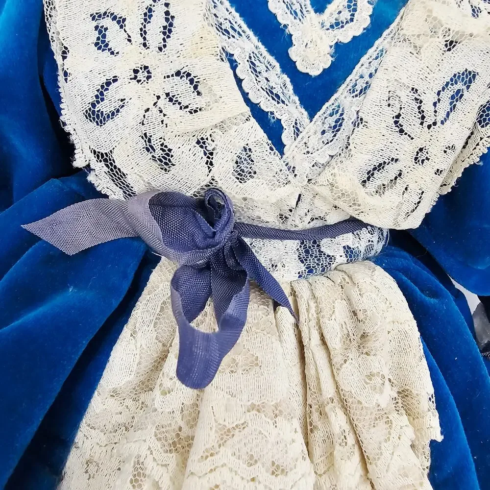 Rare Fine China Head Doll Blue Victorian Velvet & Lace Dress Circa 1980s 17